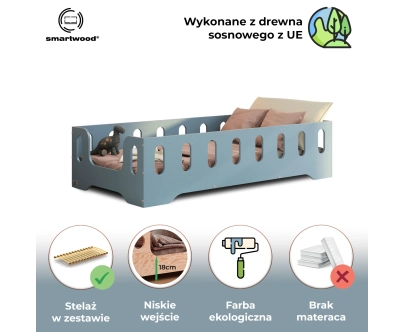 Łóżko pojedyncze dla dzieci z barierką i stelażem TILA 2 Montessori Drewniane