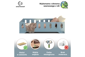 Łóżko pojedyncze dla dzieci z barierką i stelażem TILA 2 Montessori Drewniane