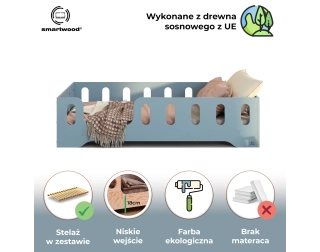 Łóżko pojedyncze dla dzieci z barierką i stelażem TILA 2 Montessori Drewniane