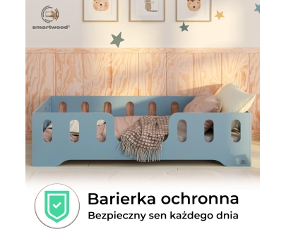 Łóżko pojedyncze dla dzieci z barierką i stelażem TILA 2 Montessori Drewniane