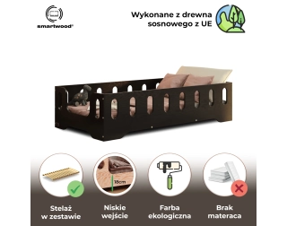Łóżko pojedyncze dla dzieci z barierką i stelażem TILA 2 Montessori Drewniane