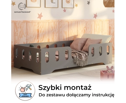 Łóżko pojedyncze dla dzieci z barierką i stelażem TILA 2 Montessori Drewniane