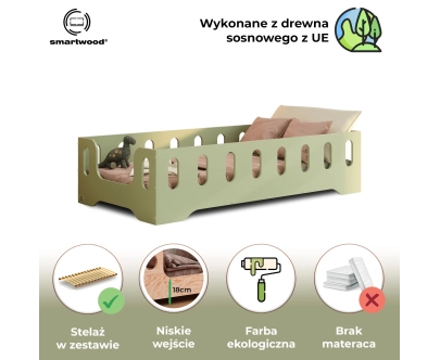 Łóżko pojedyncze dla dzieci z barierką i stelażem TILA 2 Montessori Drewniane