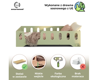 Łóżko pojedyncze dla dzieci z barierką i stelażem TILA 2 Montessori Drewniane