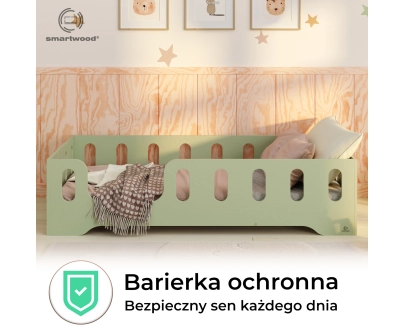 Łóżko pojedyncze dla dzieci z barierką i stelażem TILA 2 Montessori Drewniane