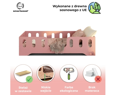 Łóżko pojedyncze dla dzieci z barierką i stelażem TILA 2 Montessori Drewniane