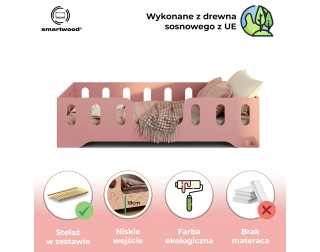 Łóżko pojedyncze dla dzieci z barierką i stelażem TILA 2 Montessori Drewniane
