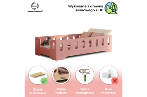 Łóżko pojedyncze dla dzieci z barierką i stelażem TILA 2 Montessori Drewniane
