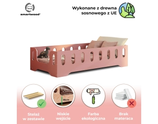 Łóżko pojedyncze dla dzieci z barierką i stelażem TILA 2 Montessori Drewniane