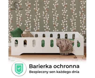 Łóżko pojedyncze dla dzieci z barierką i stelażem TILA 2 Montessori Drewniane