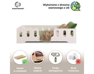 Łóżko pojedyncze dla dzieci z barierką i stelażem TILA 2 Montessori Drewniane