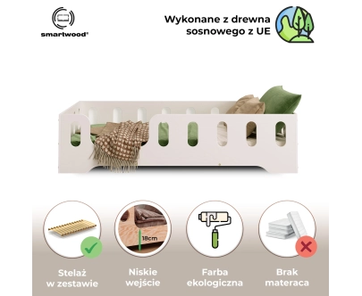 Łóżko pojedyncze dla dzieci z barierką i stelażem TILA 2 Montessori Drewniane