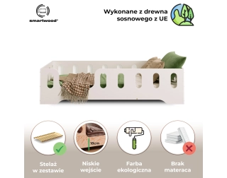 Łóżko pojedyncze dla dzieci z barierką i stelażem TILA 2 Montessori Drewniane
