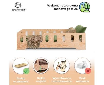 Łóżko pojedyncze dla dzieci z barierką i stelażem TILA 2 Montessori Drewniane