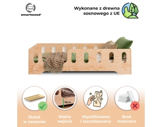 Łóżko pojedyncze dla dzieci z barierką i stelażem TILA 2 Montessori Drewniane