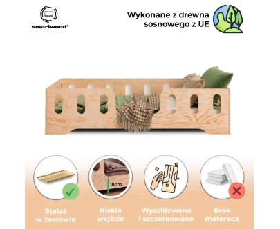 Łóżko pojedyncze dla dzieci z barierką i stelażem TILA 2 Montessori Drewniane