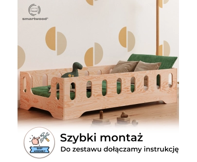 Łóżko pojedyncze dla dzieci z barierką i stelażem TILA 2 Montessori Drewniane