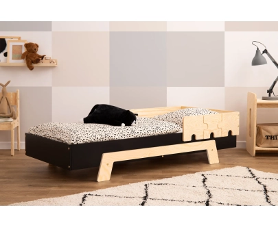 Łóżko pojedyncze dla dzieci z barierką i stelażem PUZZLE BR1 Montessori Drewniane