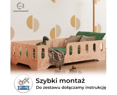 Łóżko pojedyncze dla dzieci z barierką i stelażem TILA 2 Montessori Drewniane