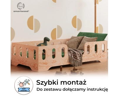 Łóżko pojedyncze dla dzieci z barierką i stelażem TILA 2 Montessori Drewniane