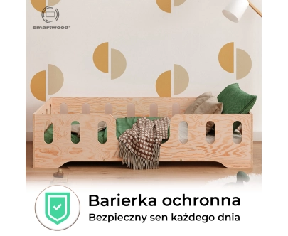 Łóżko pojedyncze dla dzieci z barierką i stelażem TILA 2 Montessori Drewniane