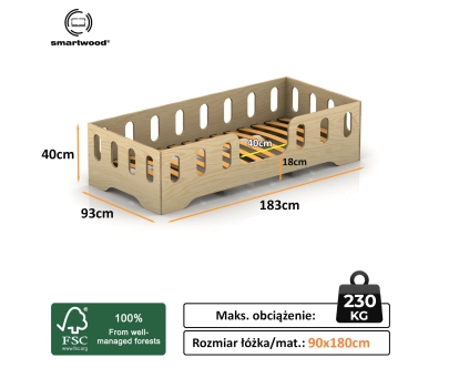 Łóżko pojedyncze dla dzieci z barierką i stelażem TILA 2 Montessori Drewniane