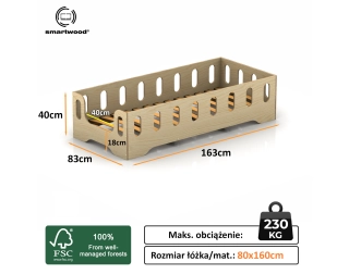 Łóżko pojedyncze dla dzieci z barierką i stelażem TILA 2 Montessori Drewniane