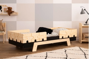 Łóżko pojedyncze dla dzieci z barierkami i stelażem PUZZLE BR2 Montessori Drewniane