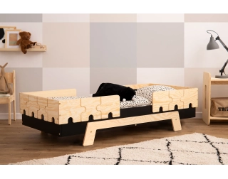Łóżko pojedyncze dla dzieci z barierkami i stelażem PUZZLE BR2 Montessori Drewniane