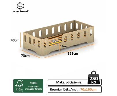 Łóżko pojedyncze dla dzieci z barierką i stelażem TILA 2 Montessori Drewniane