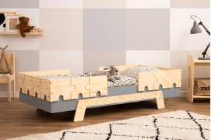 Łóżko pojedyncze dla dzieci z barierkami i stelażem PUZZLE BR2 Montessori Drewniane