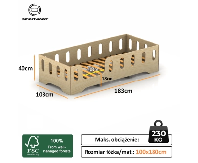 Łóżko pojedyncze dla dzieci z barierką i stelażem TILA 2 Montessori Drewniane
