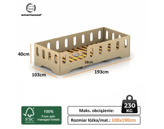 Łóżko pojedyncze dla dzieci z barierką i stelażem TILA 2 Montessori Drewniane