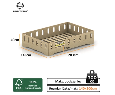 Łóżko pojedyncze dla dzieci z barierką i stelażem TILA 2 Montessori Drewniane