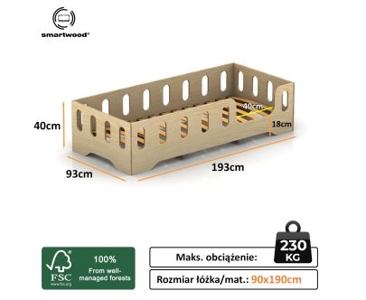 Łóżko pojedyncze dla dzieci z barierką i stelażem TILA 2 Montessori Drewniane