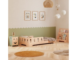 Łóżko pojedyncze dla dzieci z barierką i stelażem TILA 6 Montessori Drewniane
