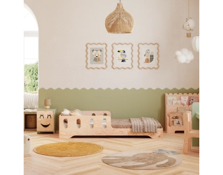 Łóżko pojedyncze dla dzieci z barierką i stelażem TILA 6 Montessori Drewniane