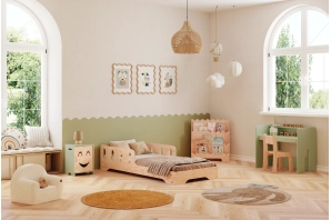 Łóżko pojedyncze dla dzieci z barierką i stelażem TILA 6 Montessori Drewniane