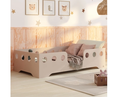 Łóżko pojedyncze dla dzieci z barierką i stelażem TILA 4 Montessori Drewniane