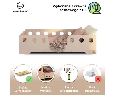 Łóżko pojedyncze dla dzieci z barierką i stelażem TILA 4 Montessori Drewniane