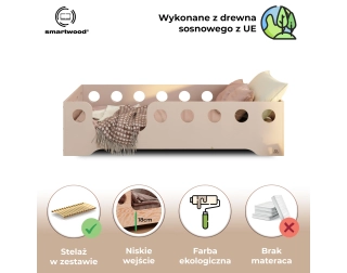Łóżko pojedyncze dla dzieci z barierką i stelażem TILA 4 Montessori Drewniane