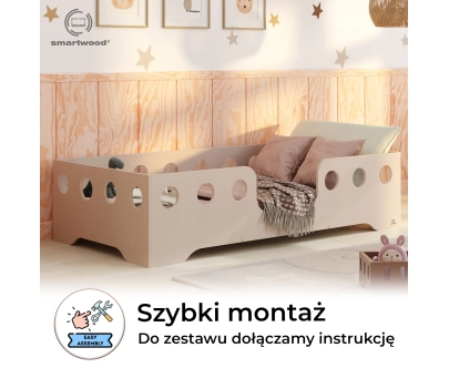 Łóżko pojedyncze dla dzieci z barierką i stelażem TILA 4 Montessori Drewniane