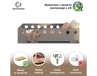 Łóżko pojedyncze dla dzieci z barierką i stelażem TILA 4 Montessori Drewniane