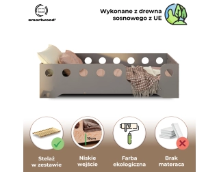 Łóżko pojedyncze dla dzieci z barierką i stelażem TILA 4 Montessori Drewniane