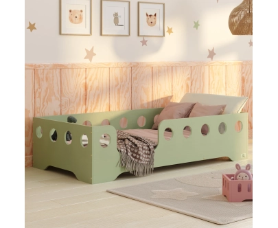 Łóżko pojedyncze dla dzieci z barierką i stelażem TILA 4 Montessori Drewniane