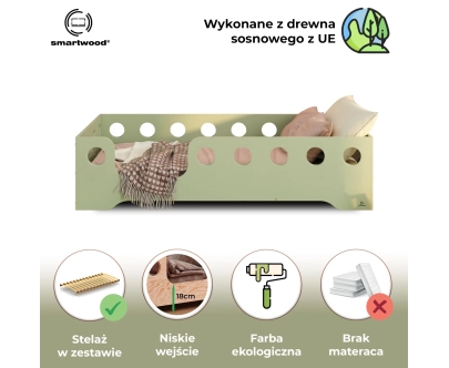 Łóżko pojedyncze dla dzieci z barierką i stelażem TILA 4 Montessori Drewniane