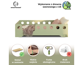 Łóżko pojedyncze dla dzieci z barierką i stelażem TILA 4 Montessori Drewniane