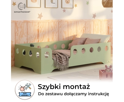 Łóżko pojedyncze dla dzieci z barierką i stelażem TILA 4 Montessori Drewniane
