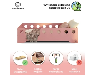 Łóżko pojedyncze dla dzieci z barierką i stelażem TILA 4 Montessori Drewniane