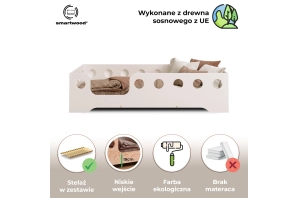 Łóżko pojedyncze dla dzieci z barierką i stelażem TILA 4 Montessori Drewniane